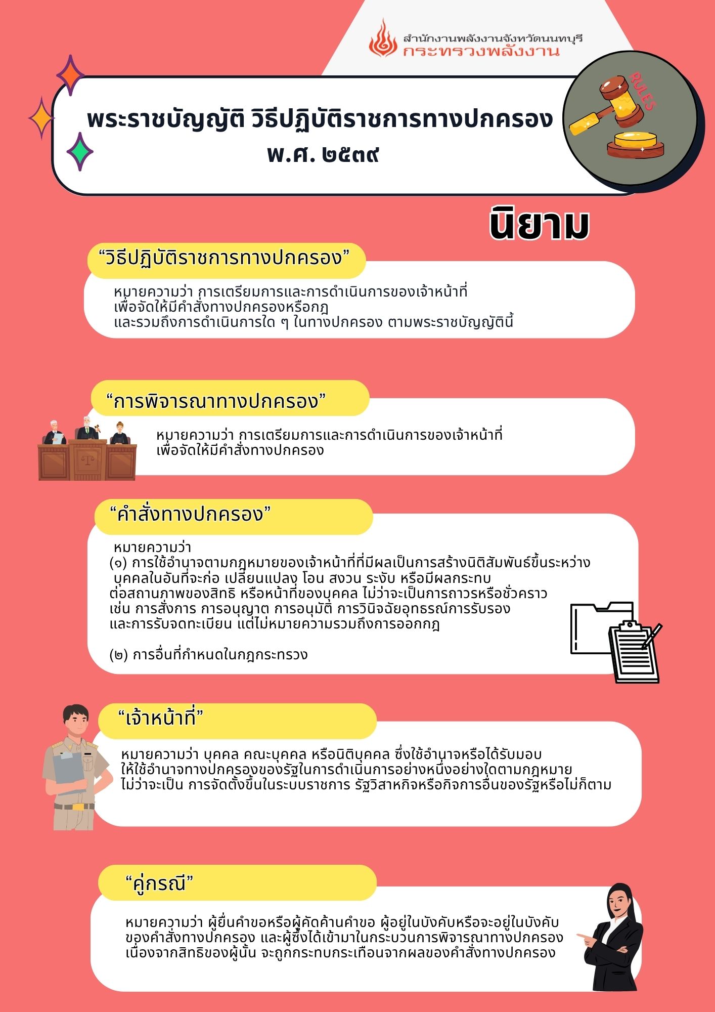 มาตรา ๕ ในพระราชบัญญัตินี้ “วิธีปฏิบัติราชการทางปกครอง” หมายความว่า การเตรียมการและการด าเนินการ ของเจ้าหน้าที่เพื่อจัดให้มีค าสั่งทางปกครองหรือกฎ และรวมถึงการด าเนินการใด ๆ ในทางปกครอง ตามพระราชบ (1)